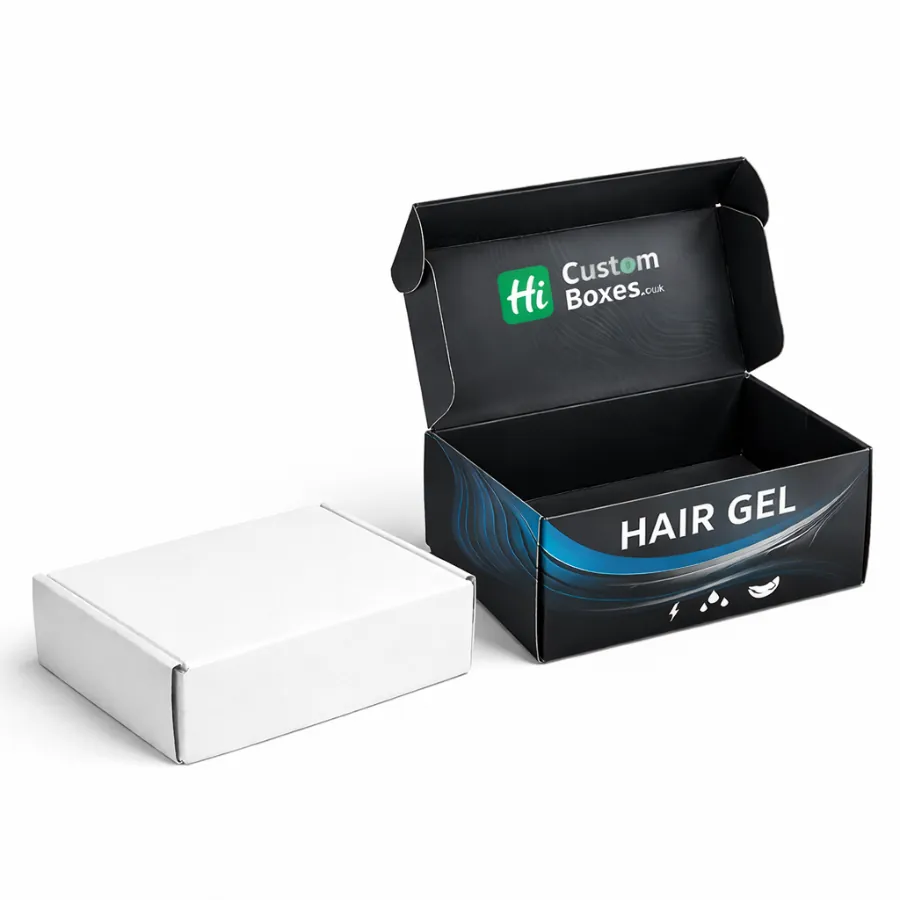 An open black branded postal box alongside a closed plain white cardboard mailing box- class=